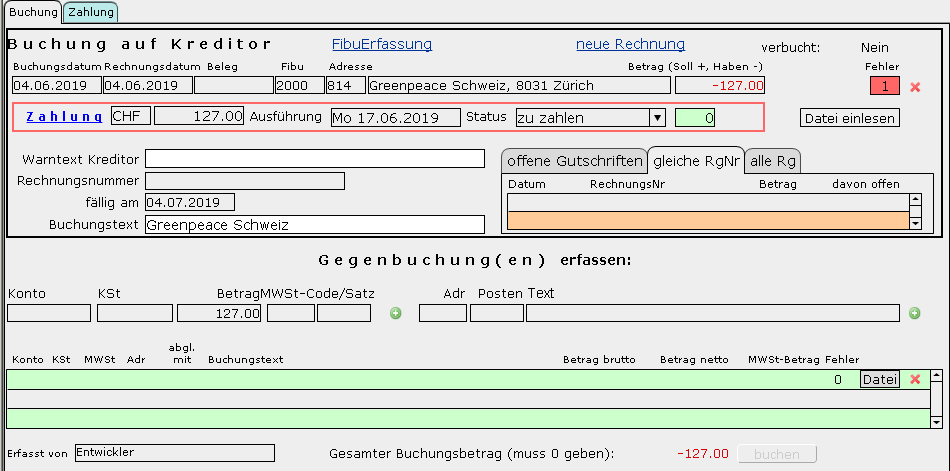 Fortsetzung der Kreditorenerfassung